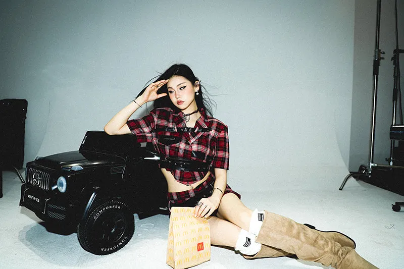 Suzy Red Plaid Short Sleeve Waist Belt Cropped Top + High Waist Black Belt Mini Skirt Matching Set