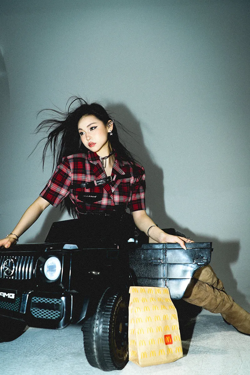 Suzy Red Plaid Short Sleeve Waist Belt Cropped Top + High Waist Black Belt Mini Skirt Matching Set