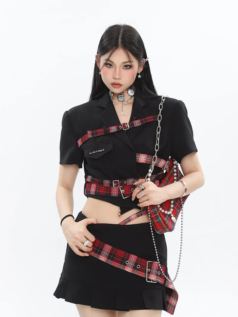 Suzy Red Plaid Short Sleeve Waist Belt Cropped Top + High Waist Black Belt Mini Skirt Matching Set