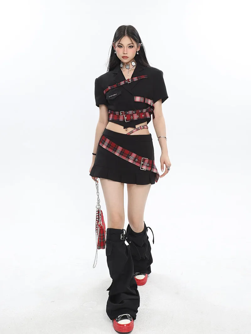 Suzy Red Plaid Short Sleeve Waist Belt Cropped Top + High Waist Black Belt Mini Skirt Matching Set