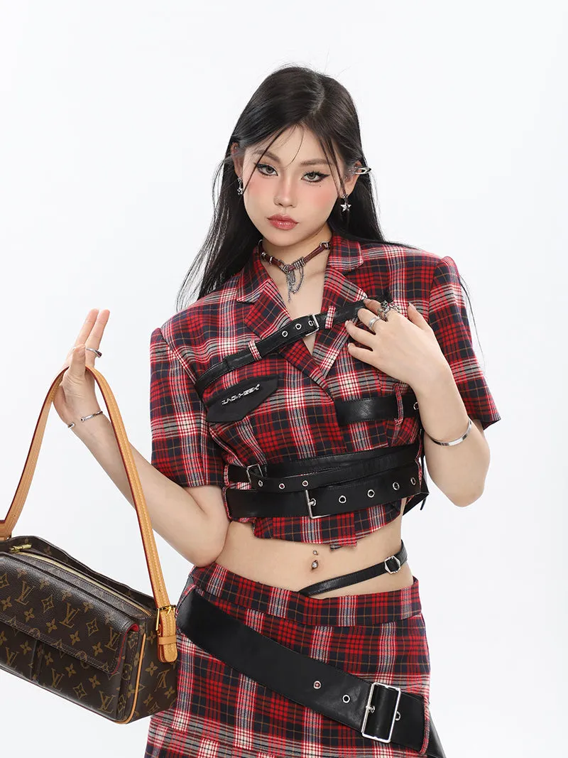 Suzy Red Plaid Short Sleeve Waist Belt Cropped Top + High Waist Black Belt Mini Skirt Matching Set