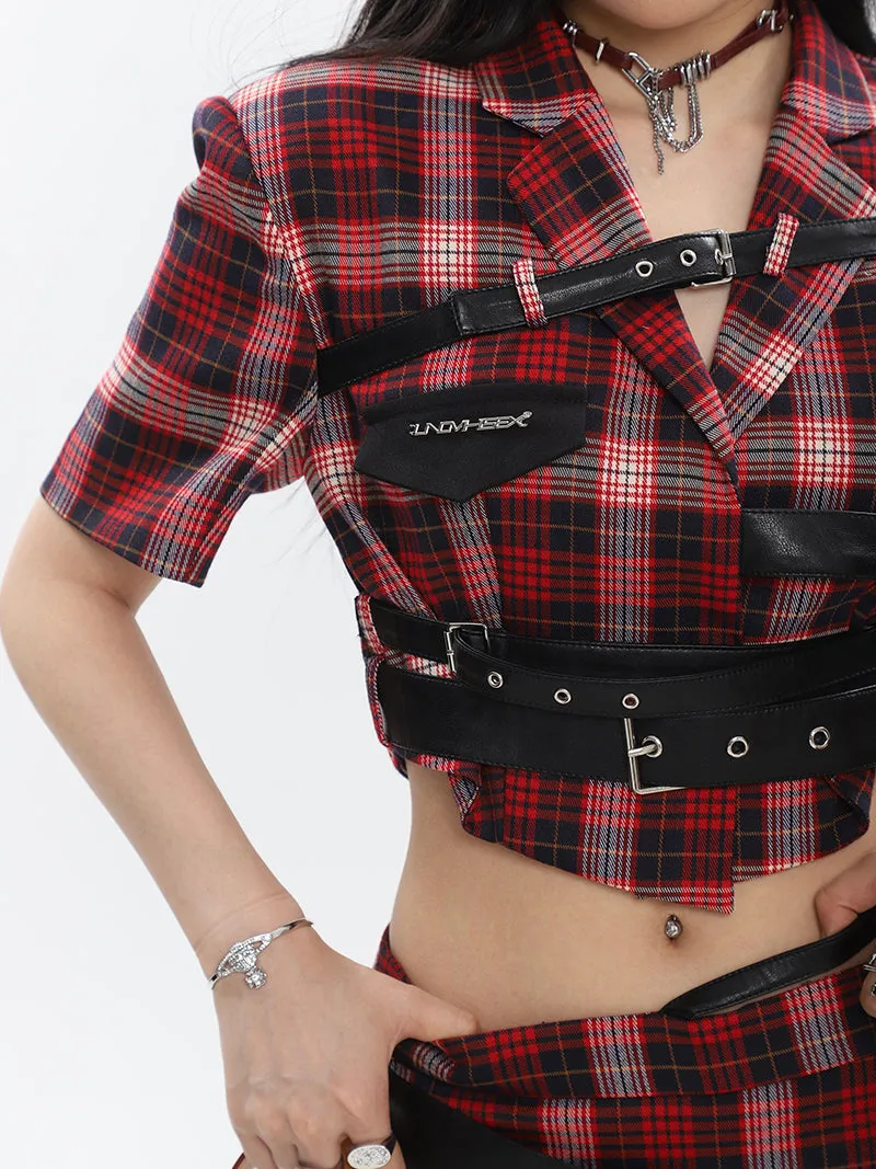 Suzy Red Plaid Short Sleeve Waist Belt Cropped Top + High Waist Black Belt Mini Skirt Matching Set