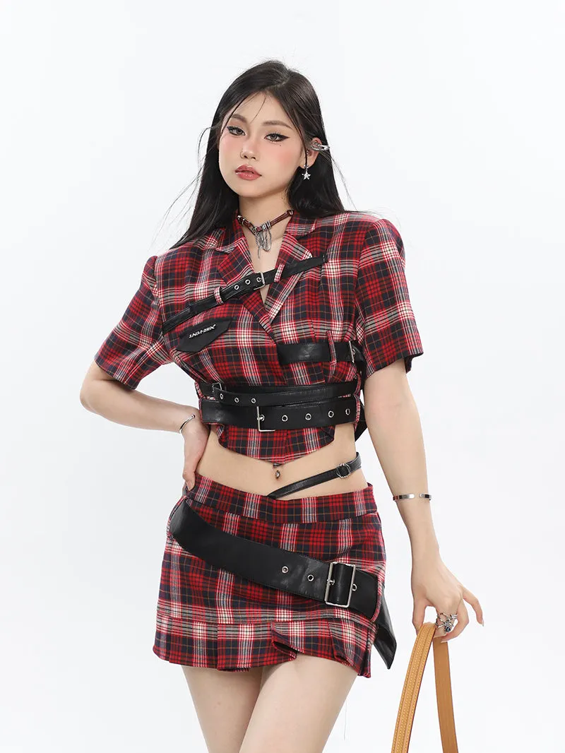 Suzy Red Plaid Short Sleeve Waist Belt Cropped Top + High Waist Black Belt Mini Skirt Matching Set