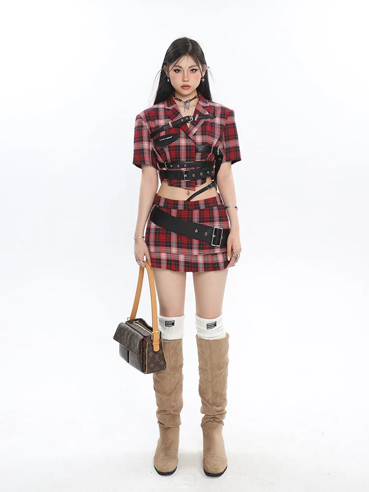 Suzy Red Plaid Short Sleeve Waist Belt Cropped Top + High Waist Black Belt Mini Skirt Matching Set