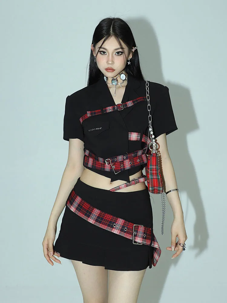 Suzy Red Plaid Short Sleeve Waist Belt Cropped Top + High Waist Black Belt Mini Skirt Matching Set