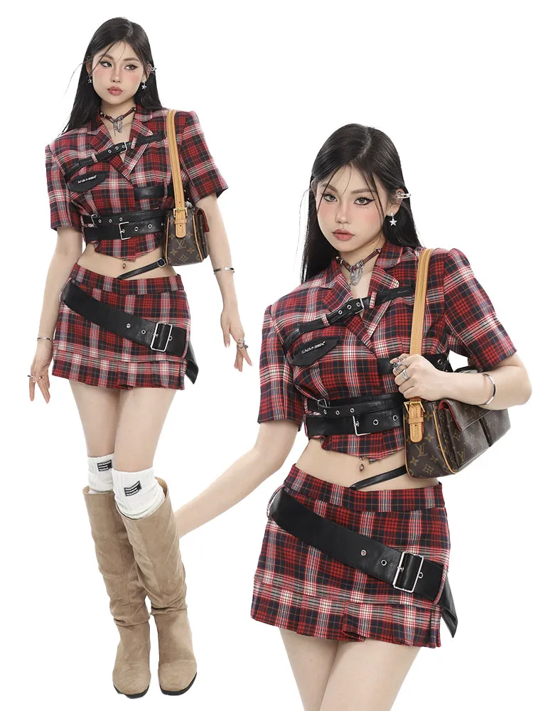 Suzy Red Plaid Short Sleeve Waist Belt Cropped Top + High Waist Black Belt Mini Skirt Matching Set