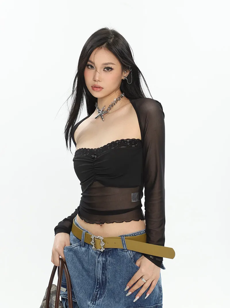 Tilly Solid Color Black Mesh Sheer Panel Long-sleeved Cropped Top