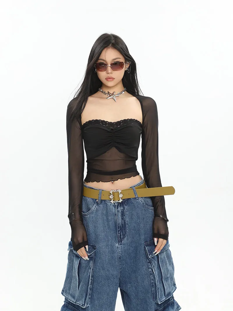 Tilly Solid Color Black Mesh Sheer Panel Long-sleeved Cropped Top