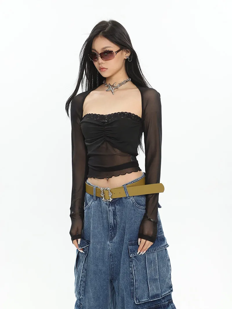 Tilly Solid Color Black Mesh Sheer Panel Long-sleeved Cropped Top