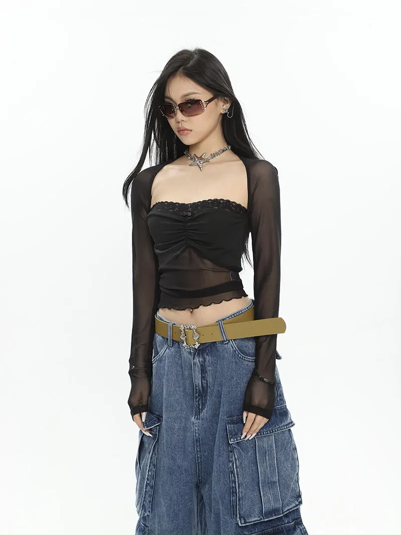 Tilly Solid Color Black Mesh Sheer Panel Long-sleeved Cropped Top