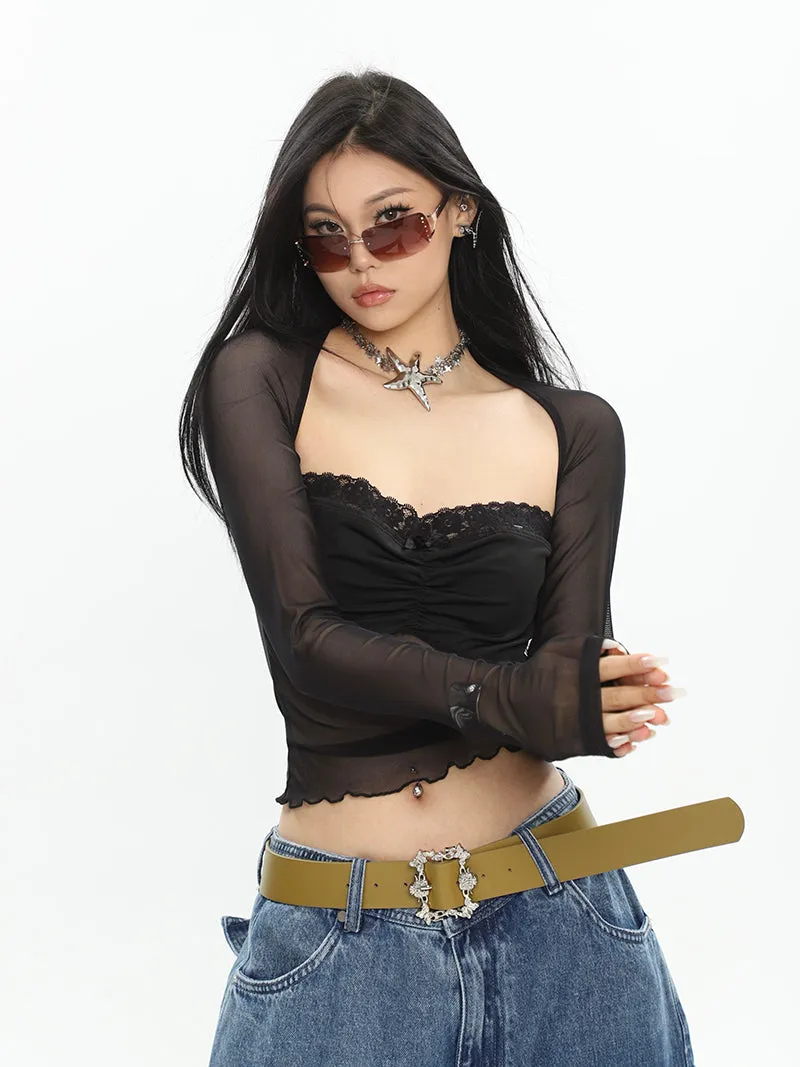 Tilly Solid Color Black Mesh Sheer Panel Long-sleeved Cropped Top