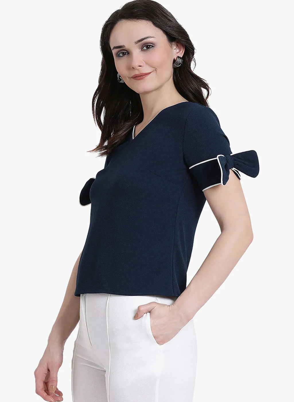 V Neck White Contrast Piping With Bow Sleeves