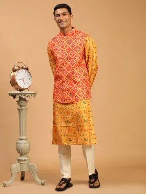 VASTRAMAY Red Patola Print Nehru Jacket With Yellow Printed kurta & Cream Viscose Pant Set