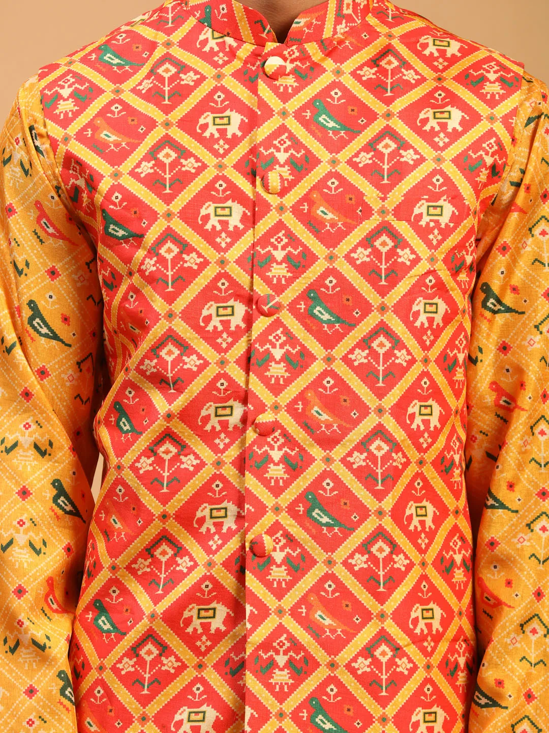 VASTRAMAY Red Patola Print Nehru Jacket With Yellow Printed kurta & Cream Viscose Pant Set