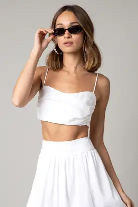 White Linen Ruched Crop Tank