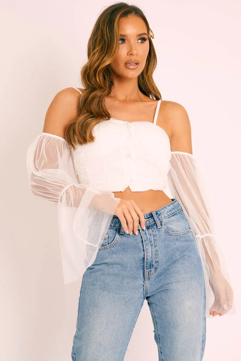 White Mesh Ruched Button Front Crop Top - Tula