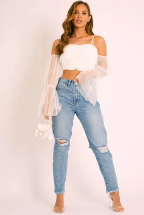 White Mesh Ruched Button Front Crop Top - Tula