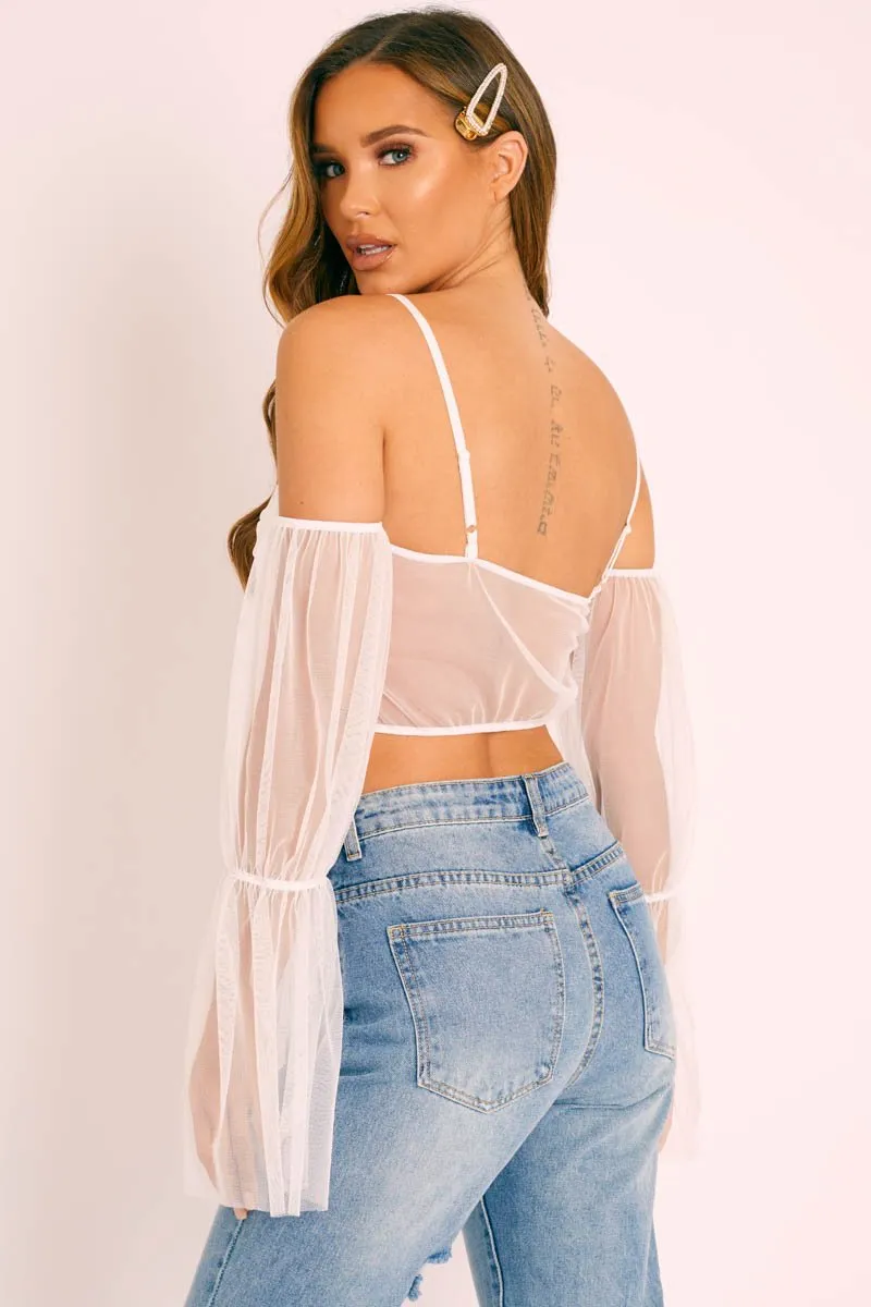 White Mesh Ruched Button Front Crop Top - Tula