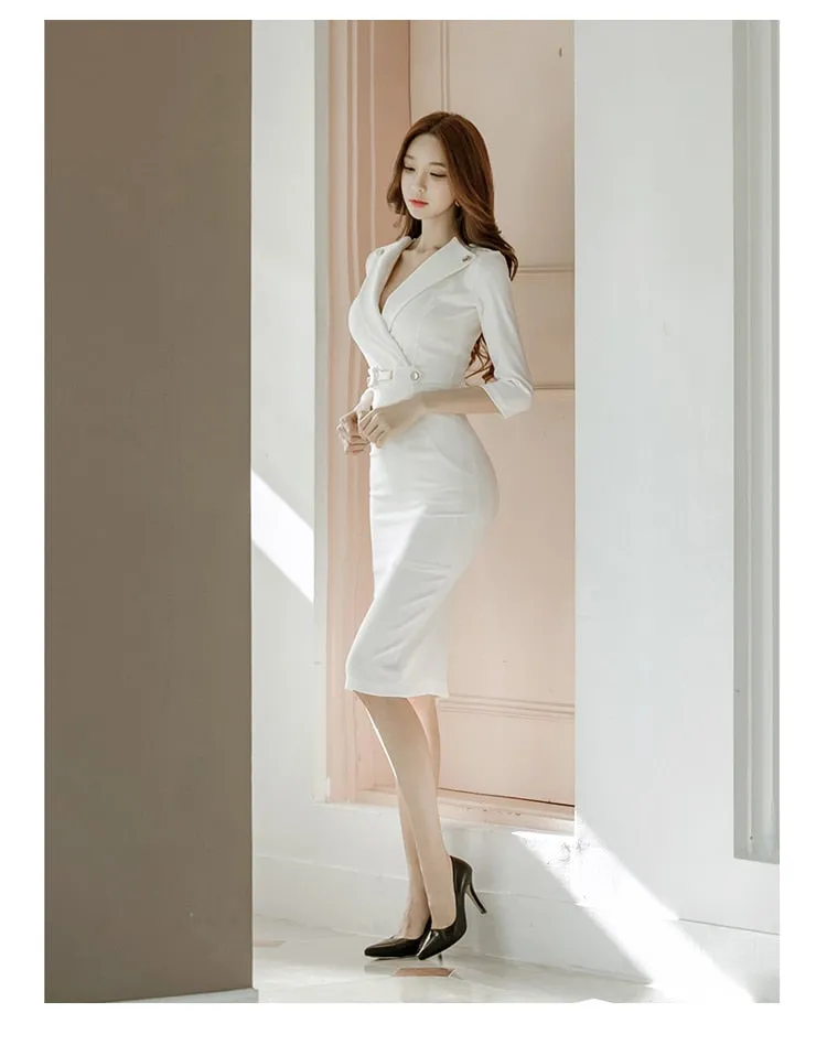 Women's Business Formal White Color V-neck Bodycon Pencil Fit Dress