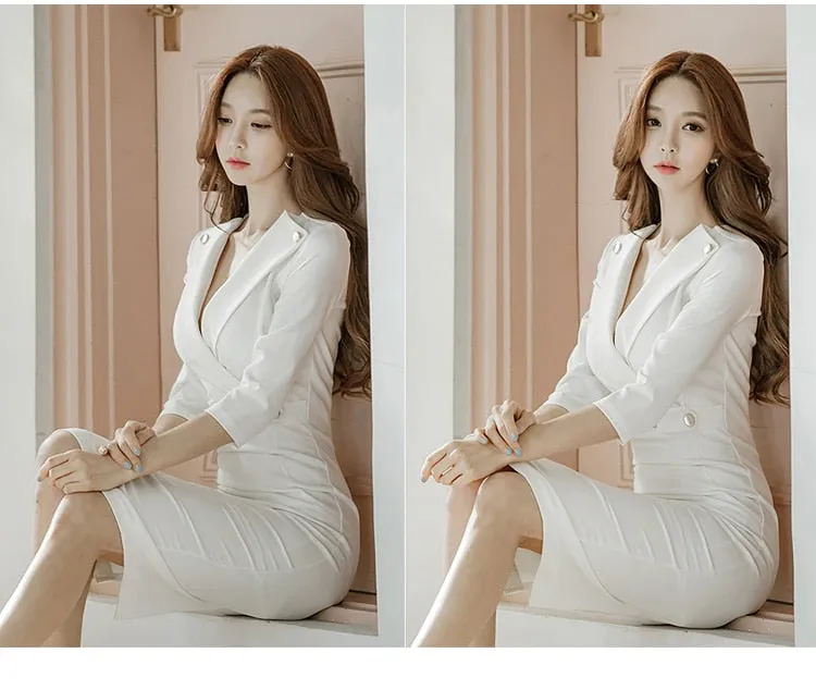 Women's Business Formal White Color V-neck Bodycon Pencil Fit Dress