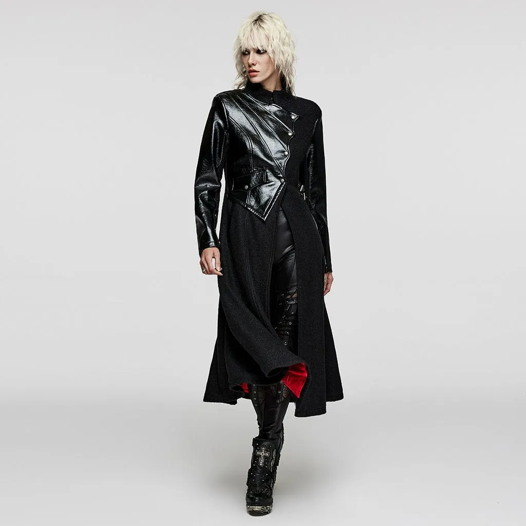 Women's Gothic Stand Collar Faux Leather Splice Wool Coat