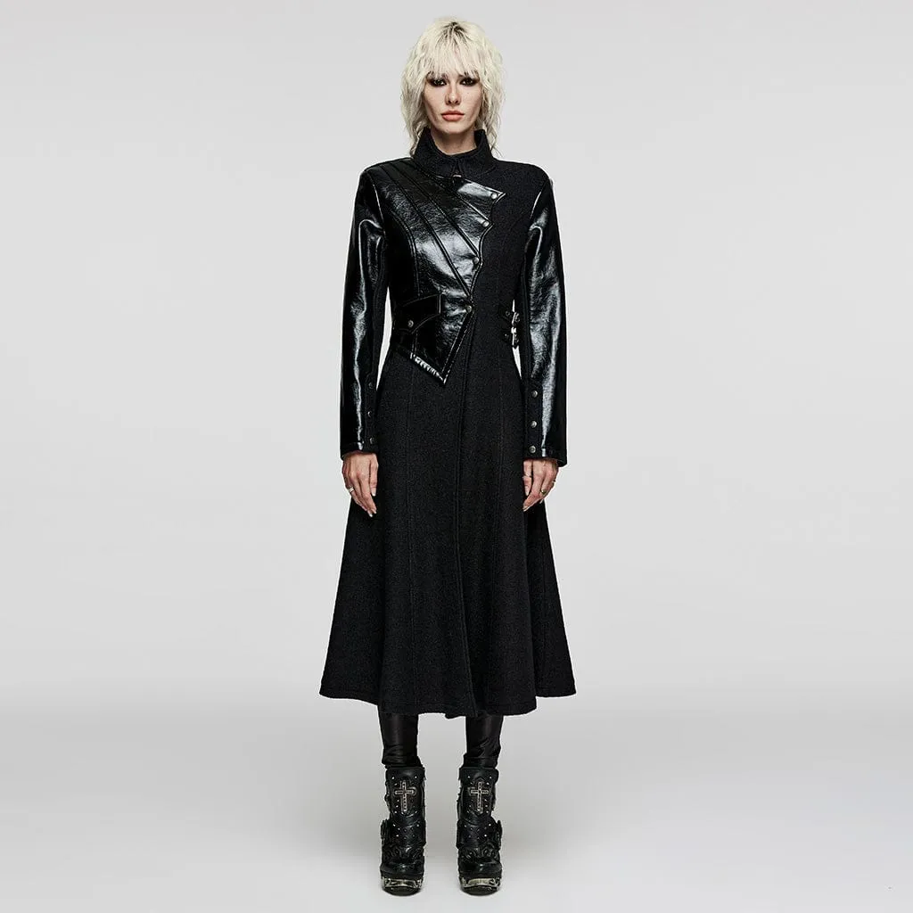 Women's Gothic Stand Collar Faux Leather Splice Wool Coat