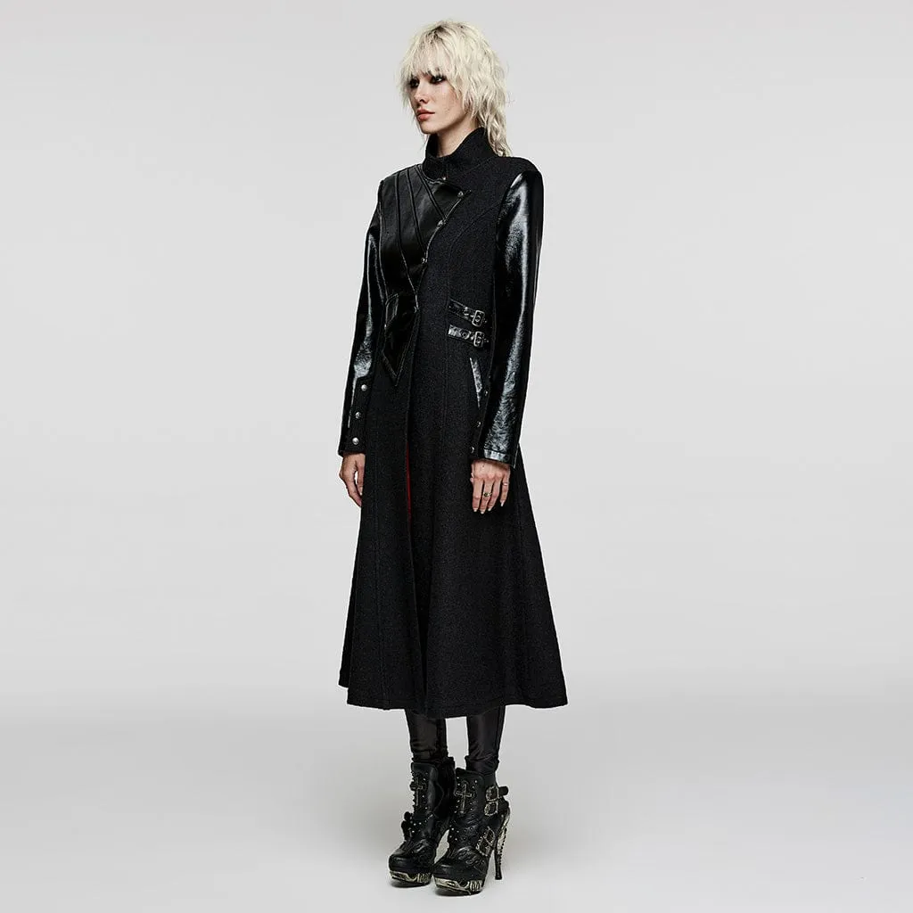 Women's Gothic Stand Collar Faux Leather Splice Wool Coat