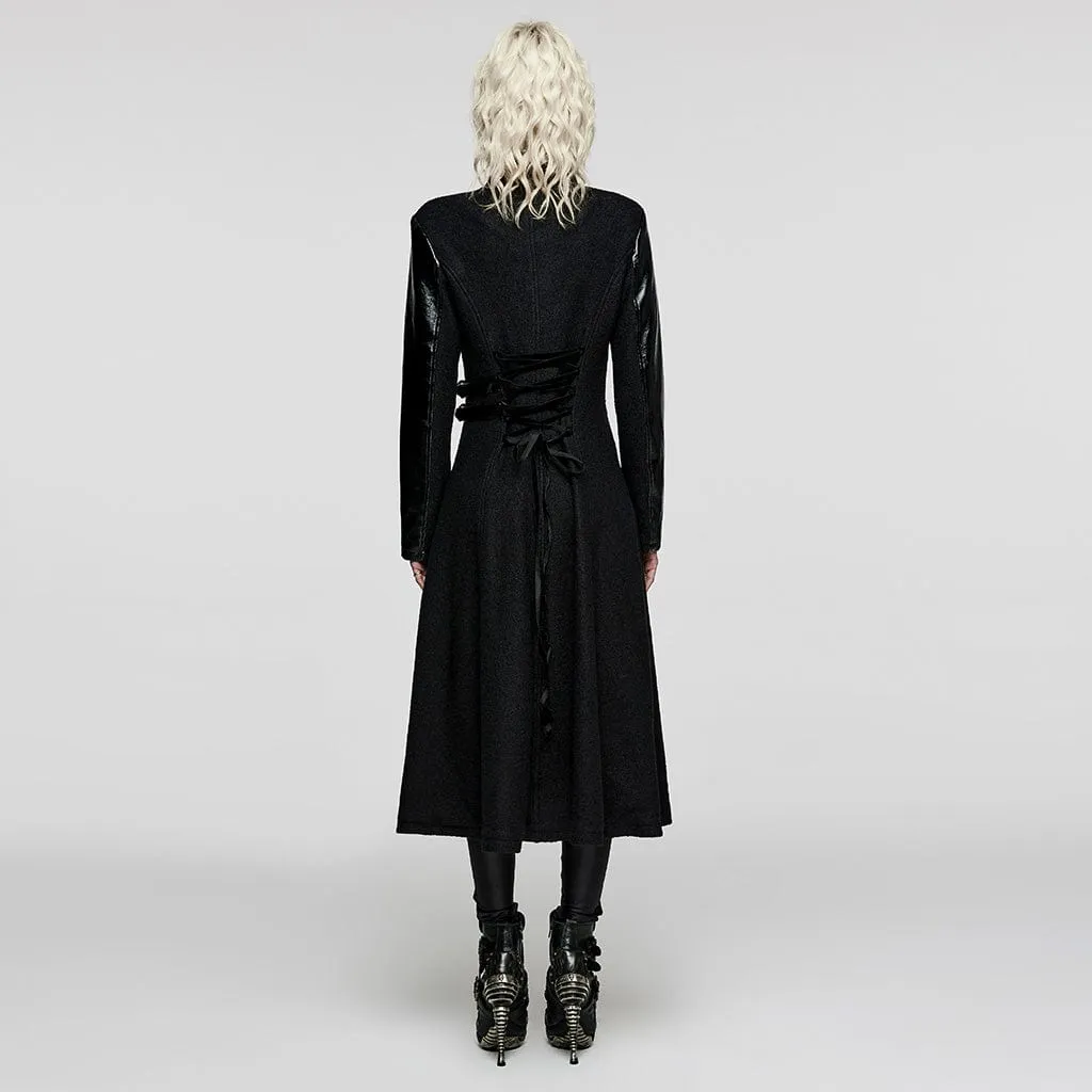 Women's Gothic Stand Collar Faux Leather Splice Wool Coat