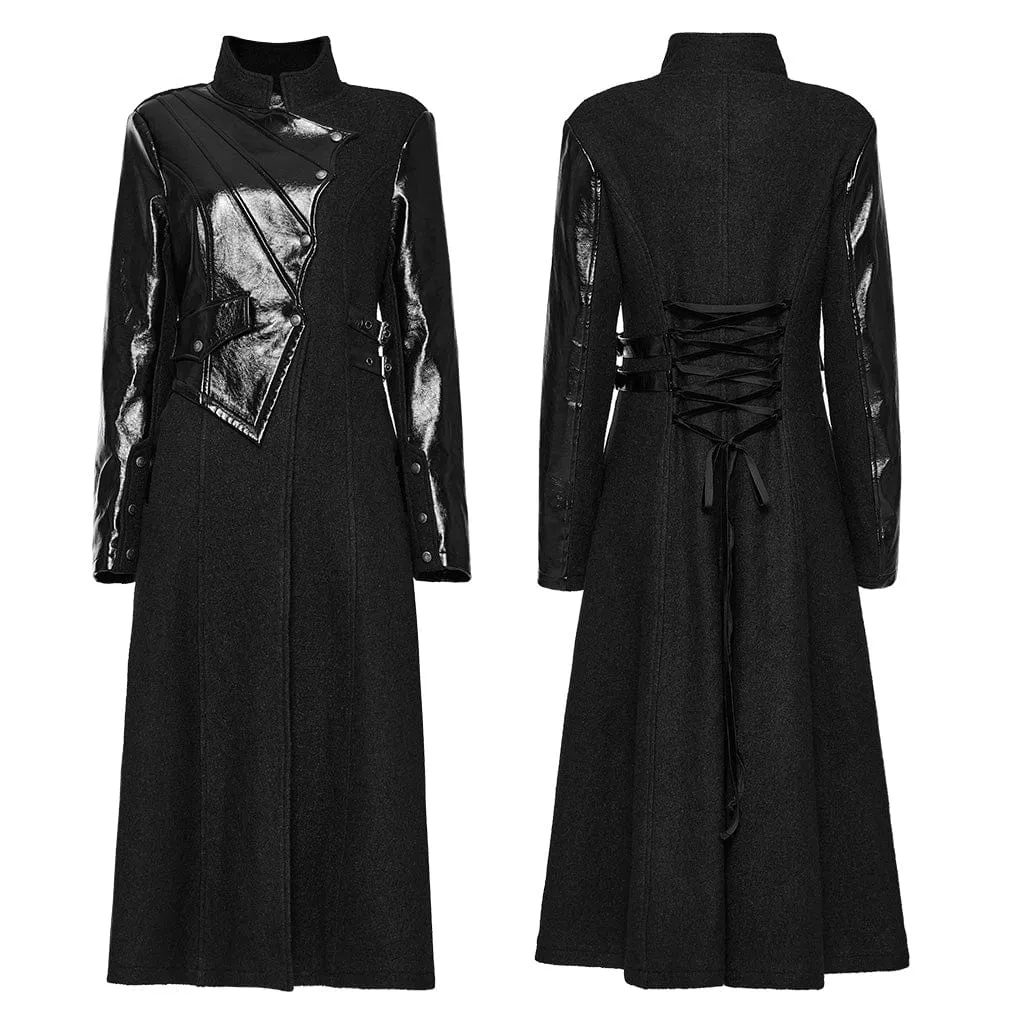 Women's Gothic Stand Collar Faux Leather Splice Wool Coat