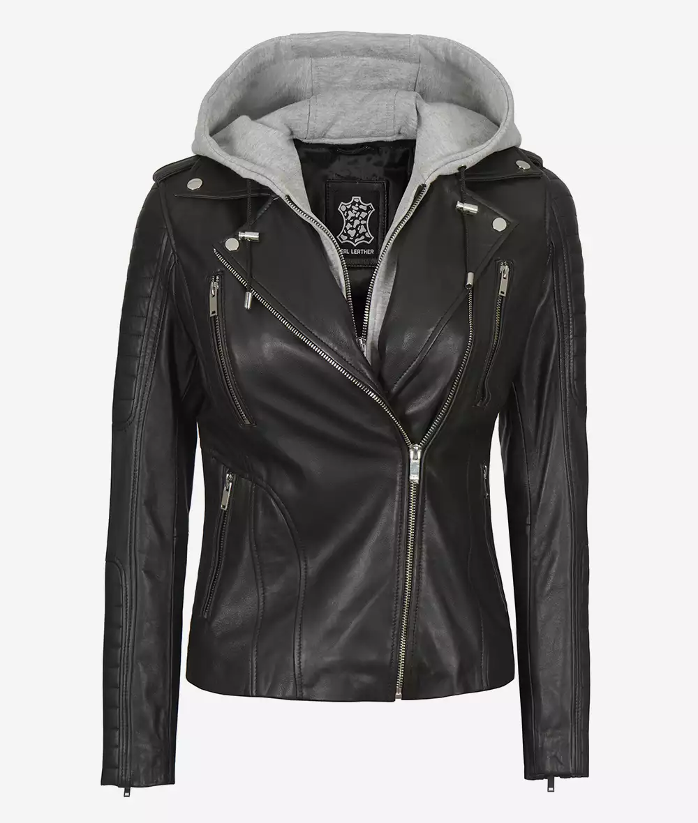 Womens Moto Black Leather Jacket with Hood