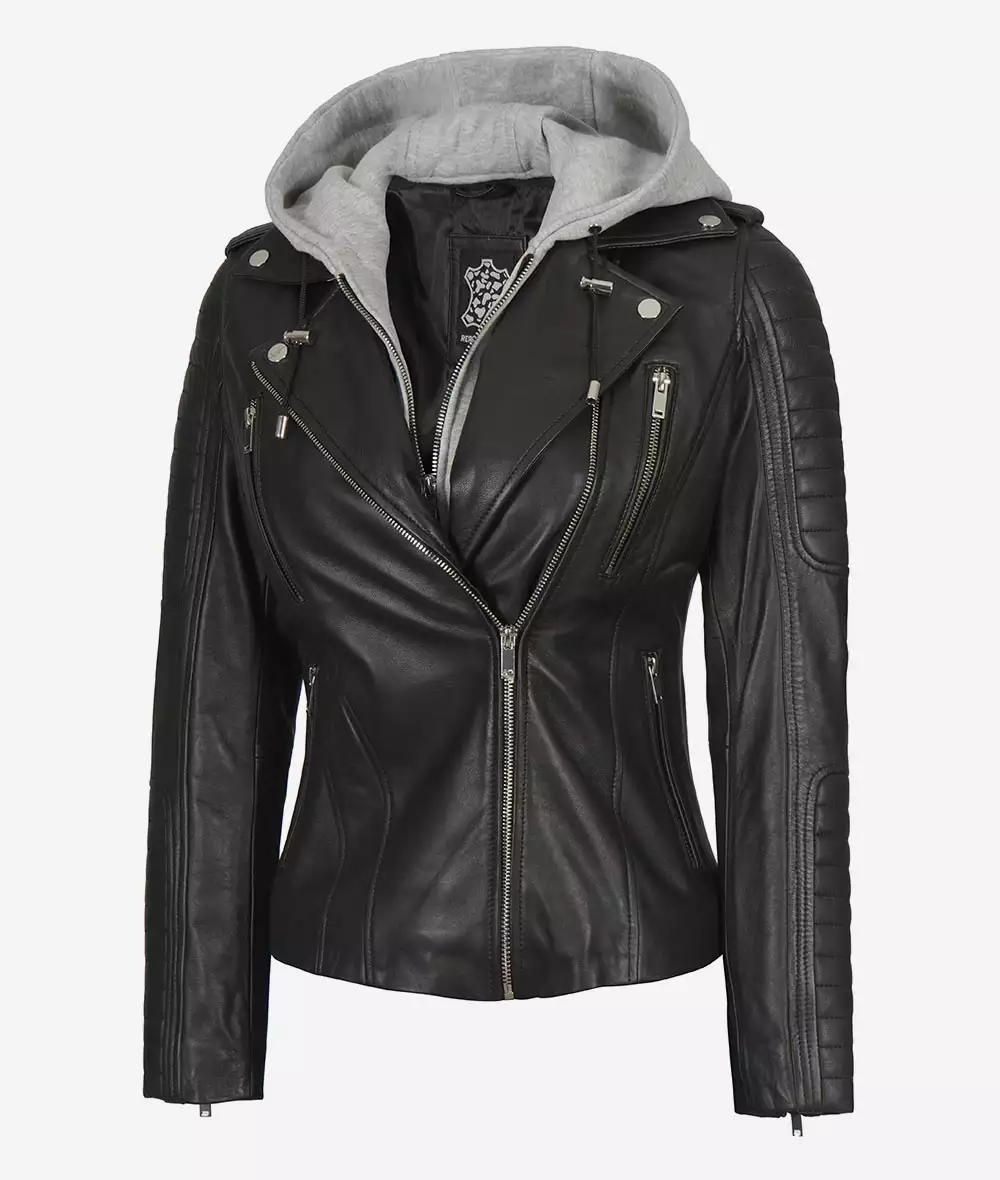 Womens Moto Black Leather Jacket with Hood