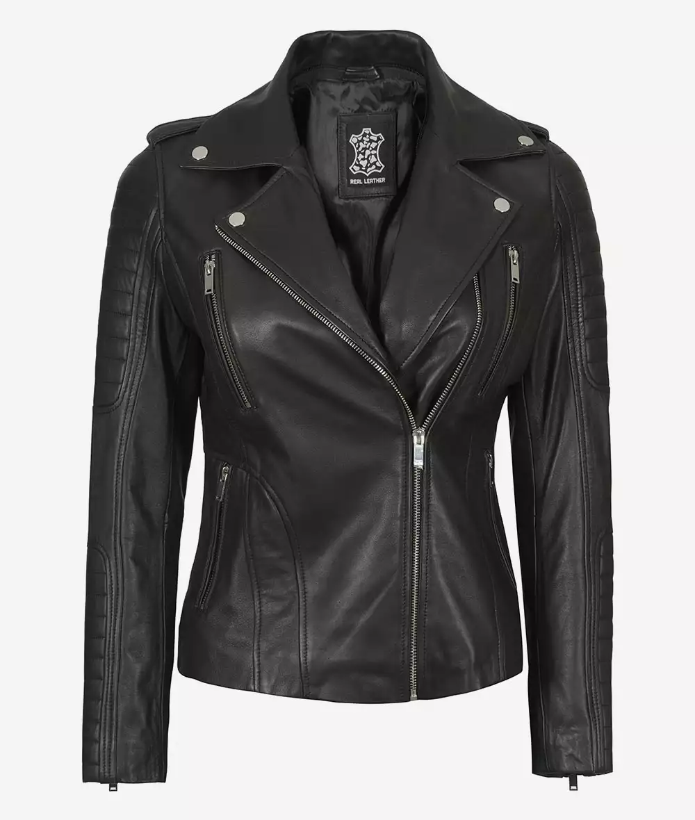 Womens Moto Black Leather Jacket with Hood