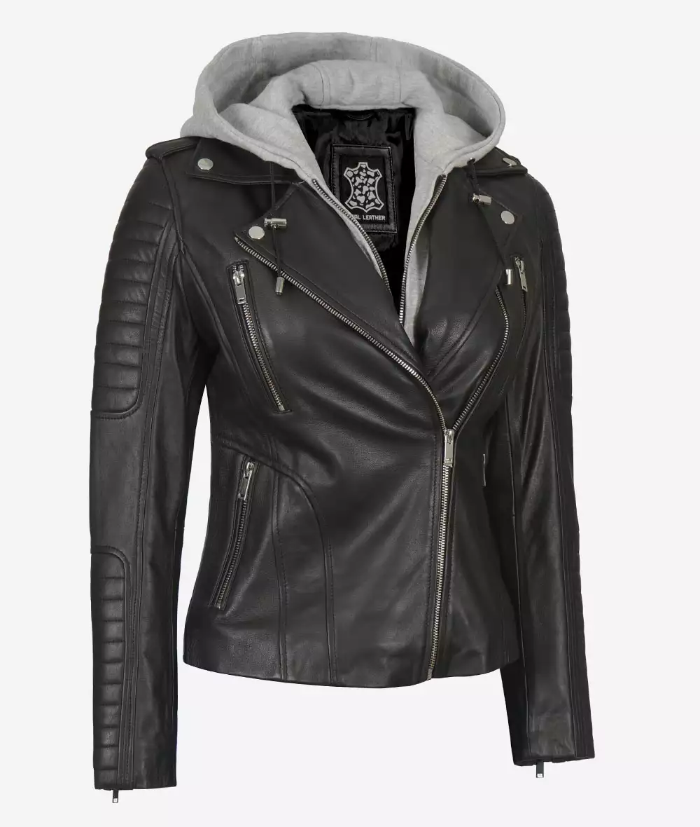 Womens Moto Black Leather Jacket with Hood