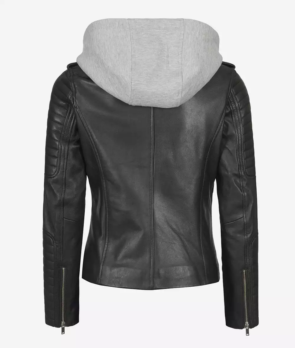 Womens Moto Black Leather Jacket with Hood