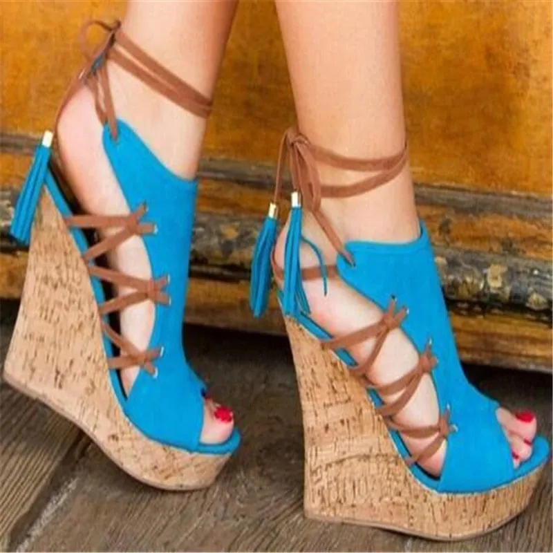 Women's Peep Toe Lace Up Ankle Strap Wedge High Heel Platforms Shoes