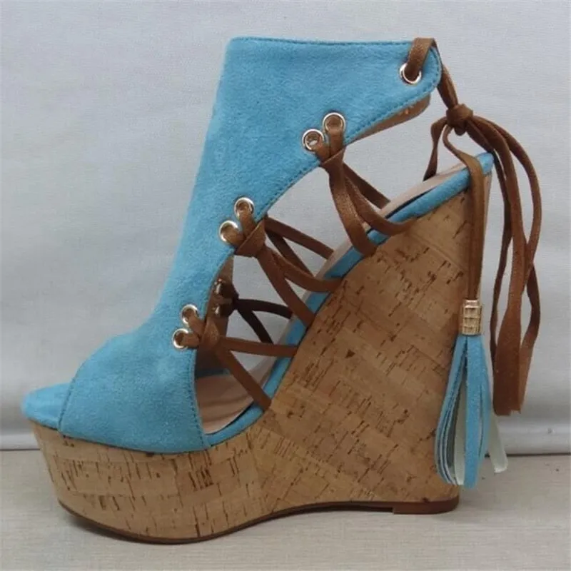 Women's Peep Toe Lace Up Ankle Strap Wedge High Heel Platforms Shoes