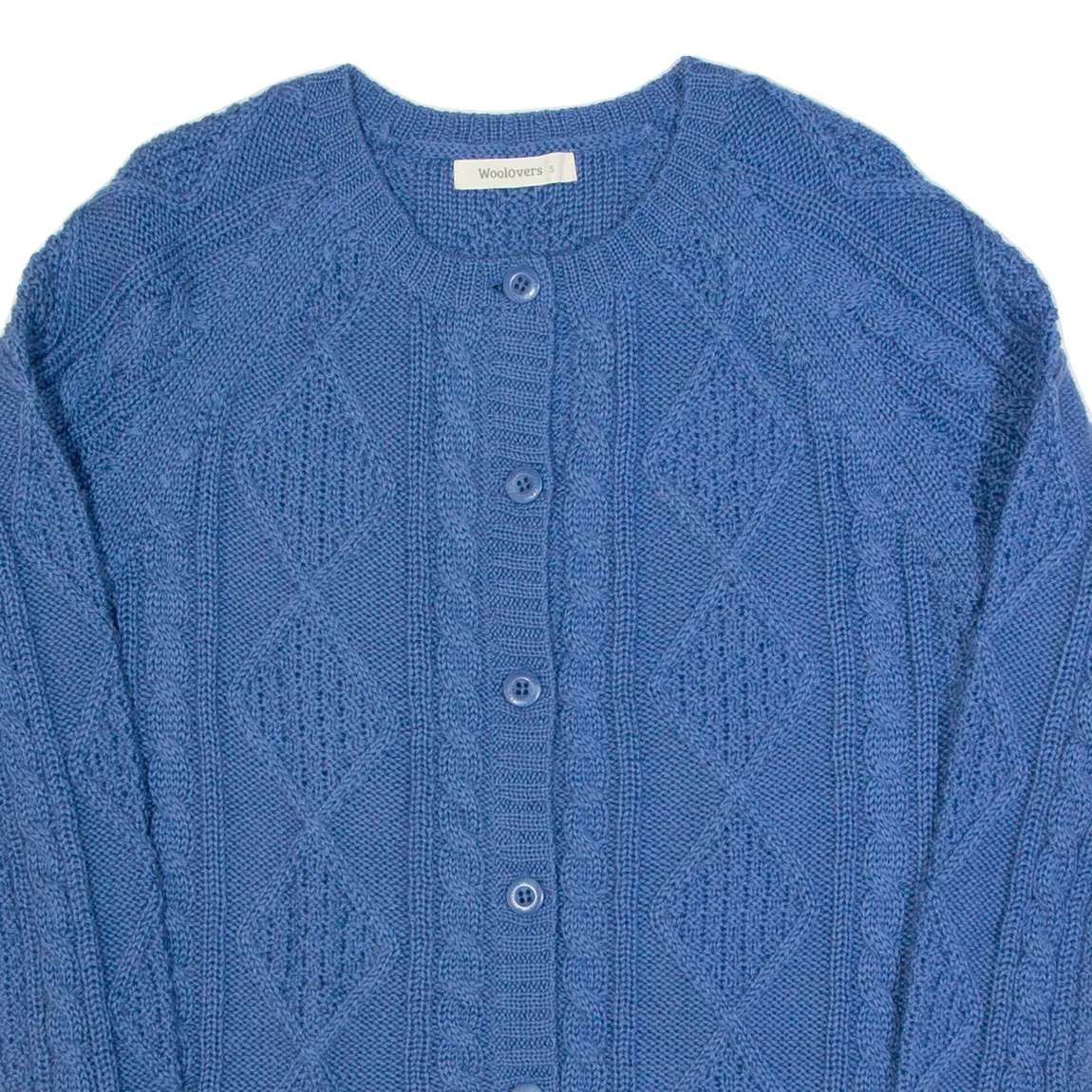 WOOLOVERS Womens Aran Cardigan Blue Cable Knit Wool S