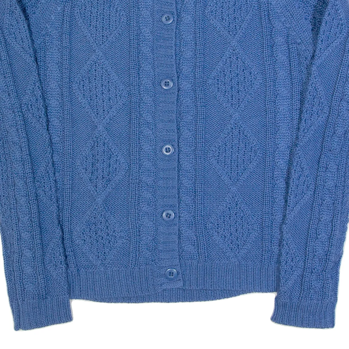 WOOLOVERS Womens Aran Cardigan Blue Cable Knit Wool S