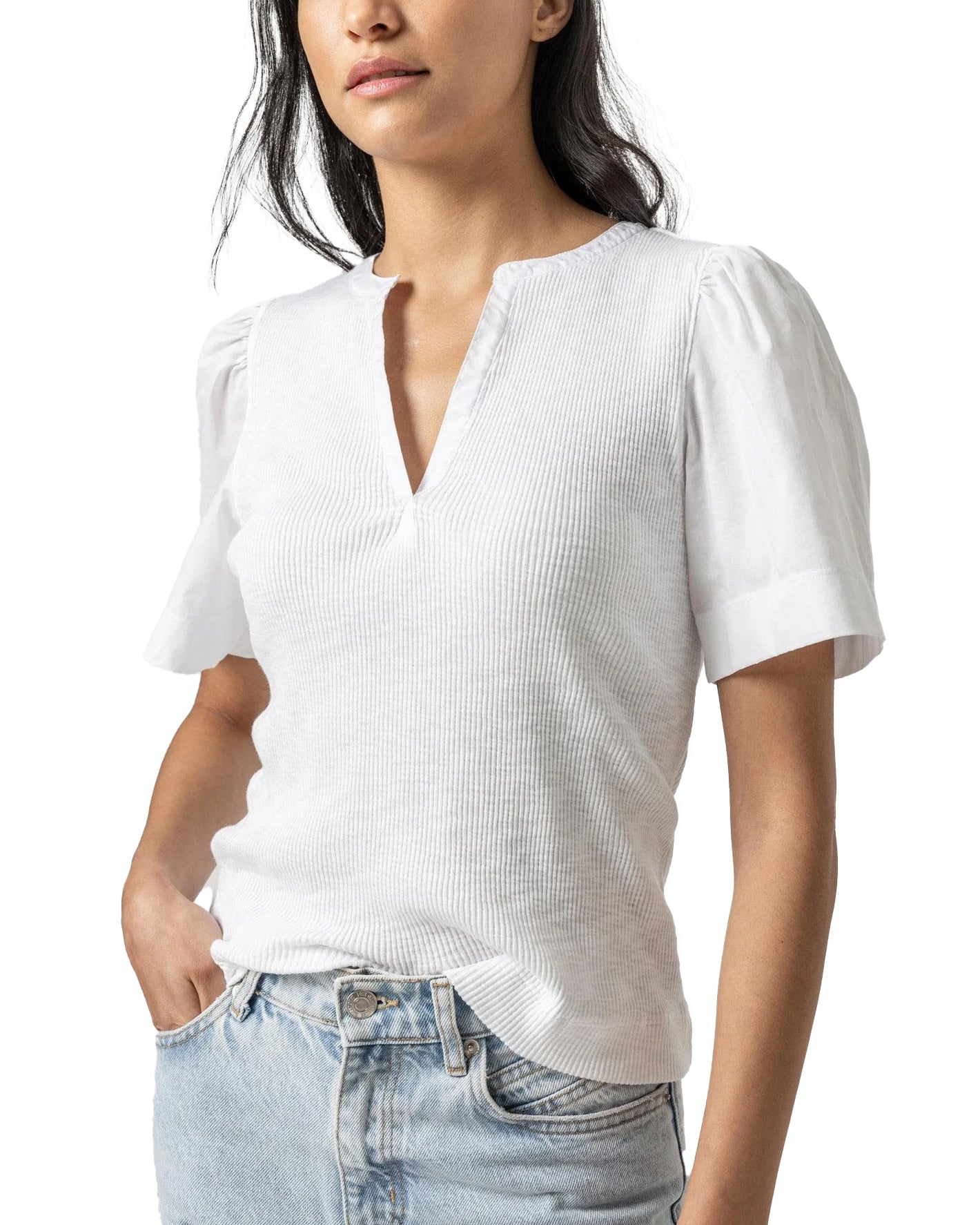 Woven Sleeve Split Neck Top (White)