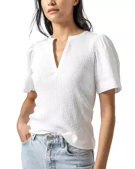 Woven Sleeve Split Neck Top (White)