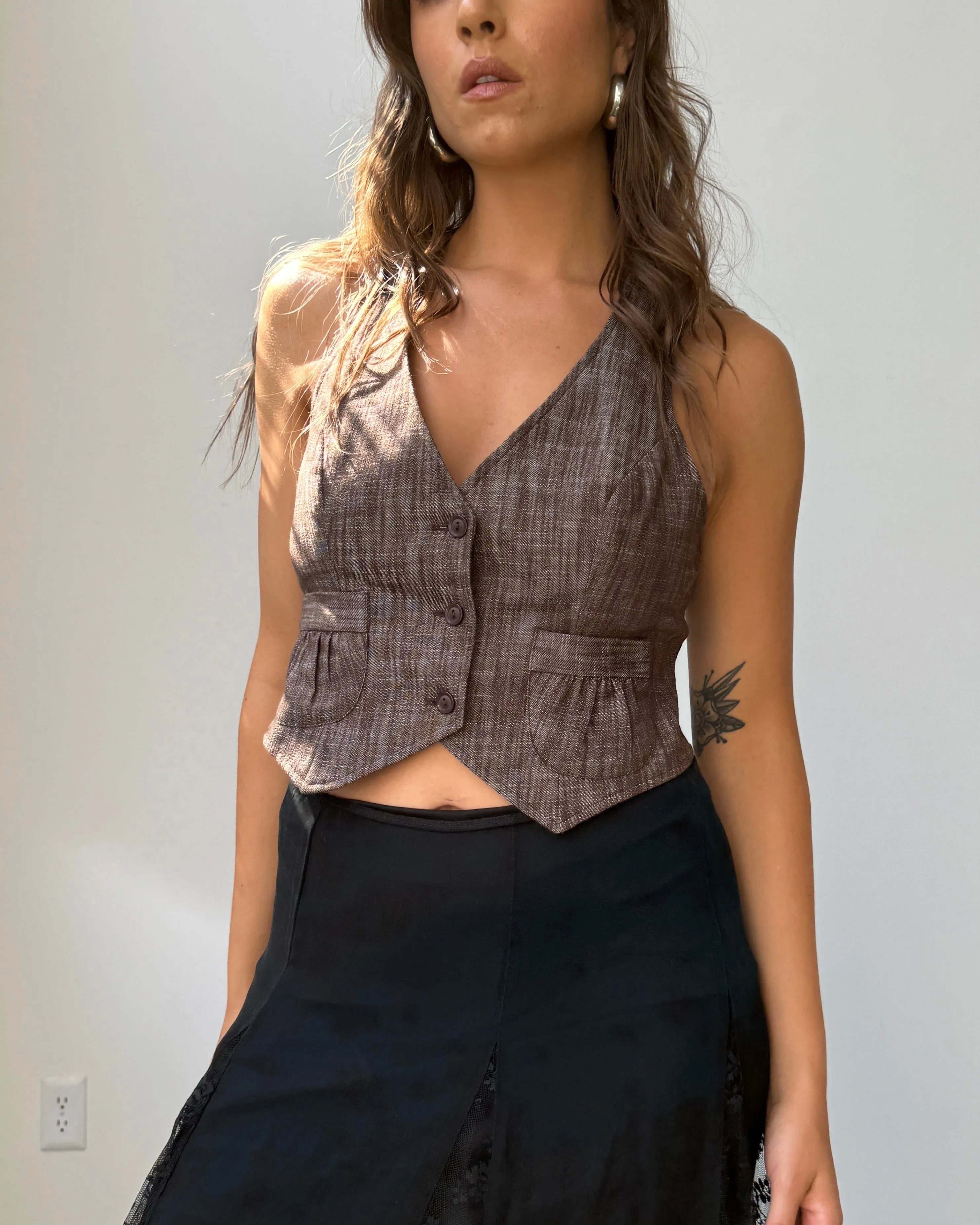 Y2K Brown Button Front Cropped Vest Top- 8