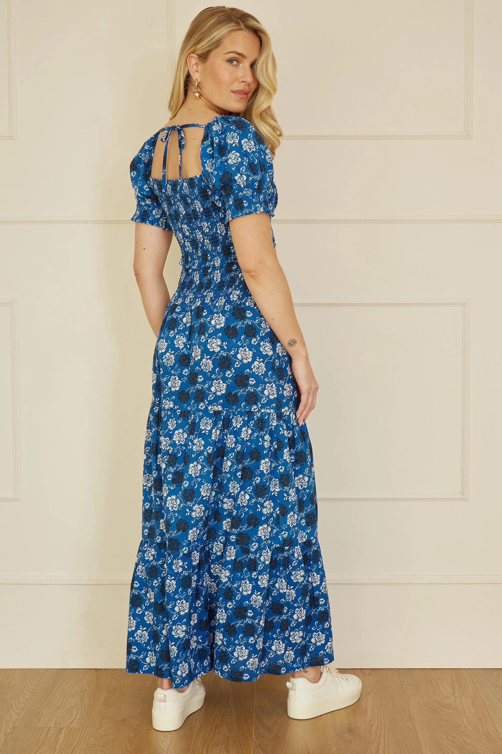 Yumi Blue Cotton Voile Floral Ruched Crop Top