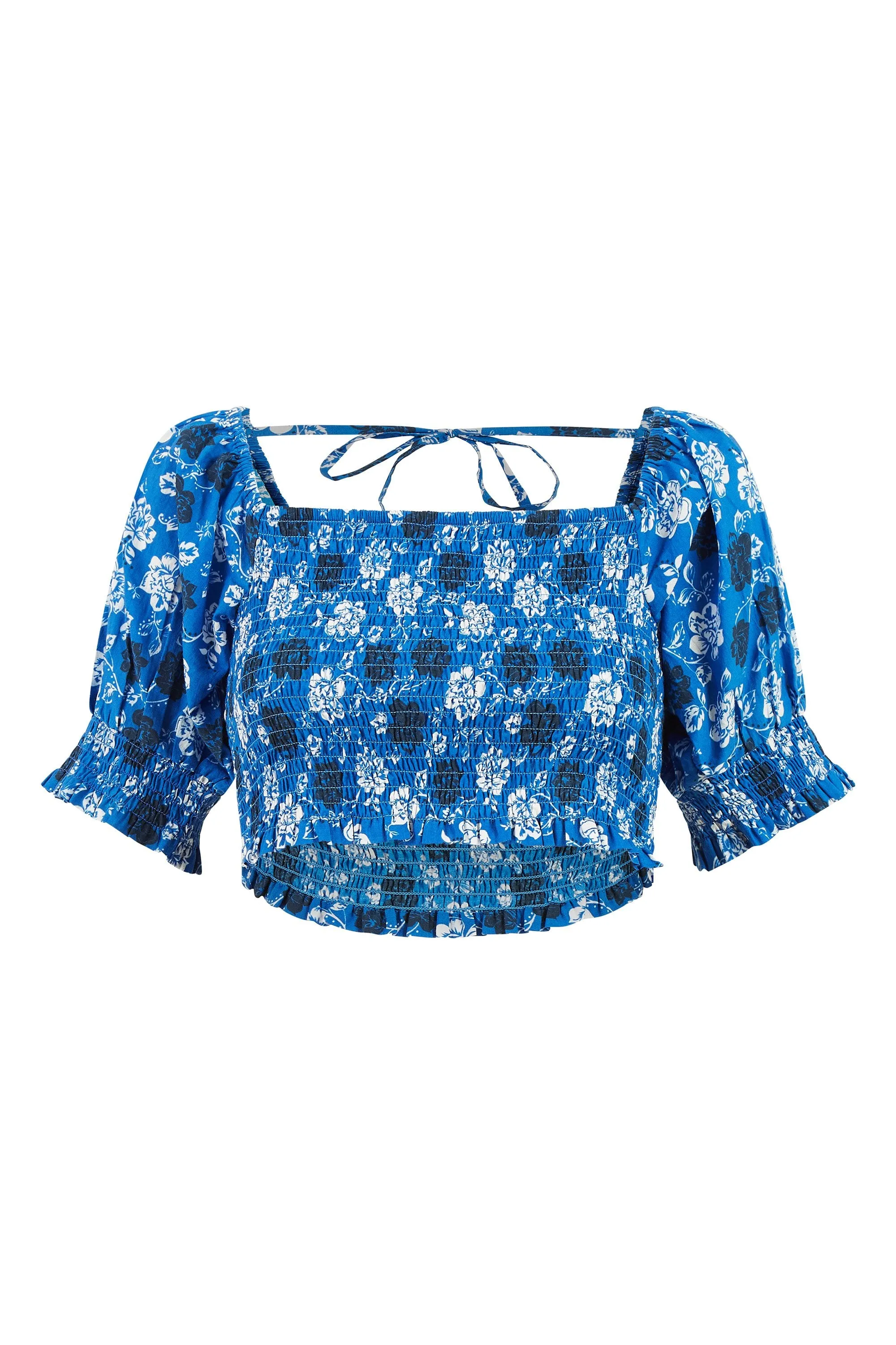 Yumi Blue Cotton Voile Floral Ruched Crop Top